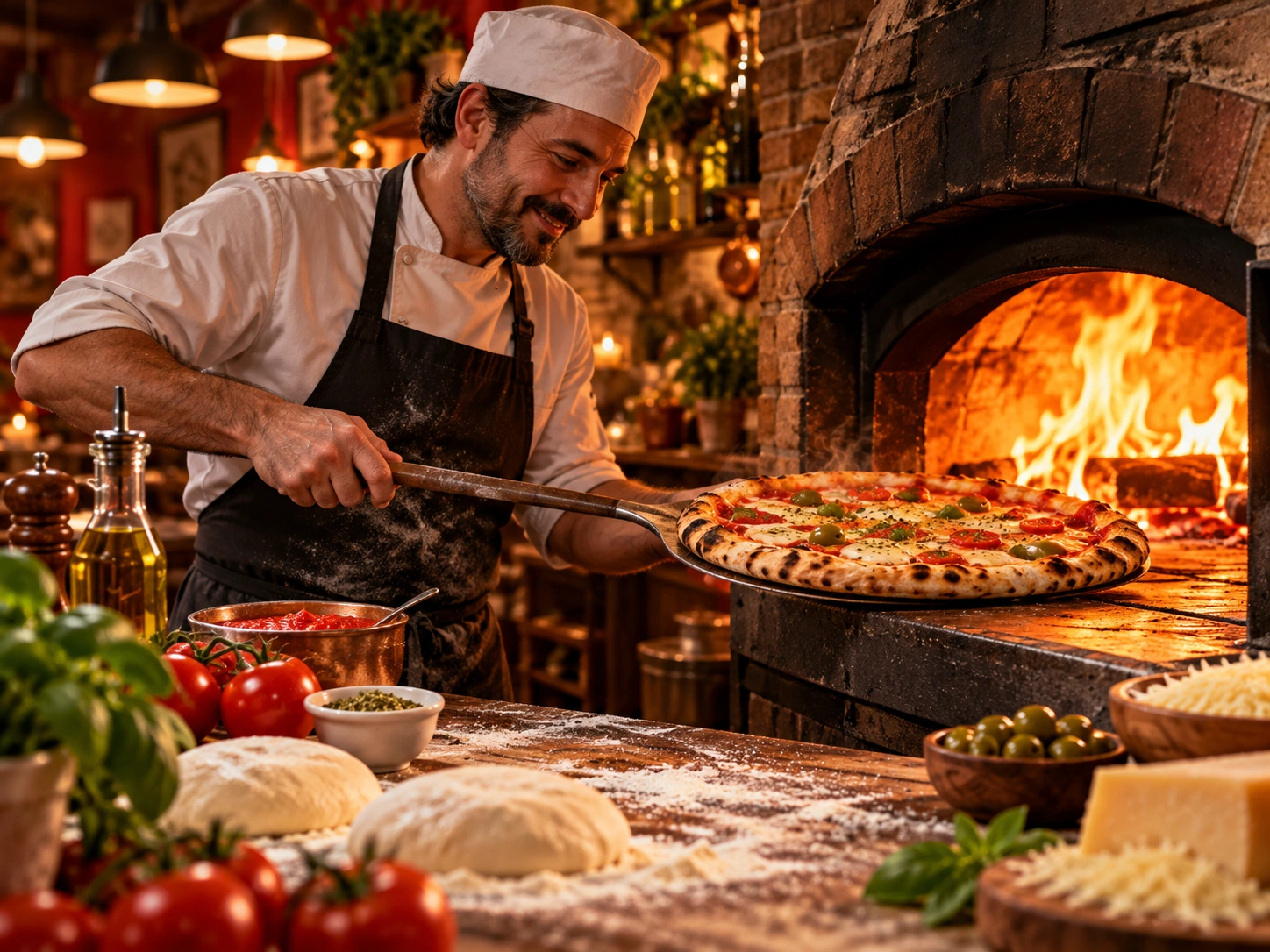 Pizzaiolo preparando pizza no forno a lenha