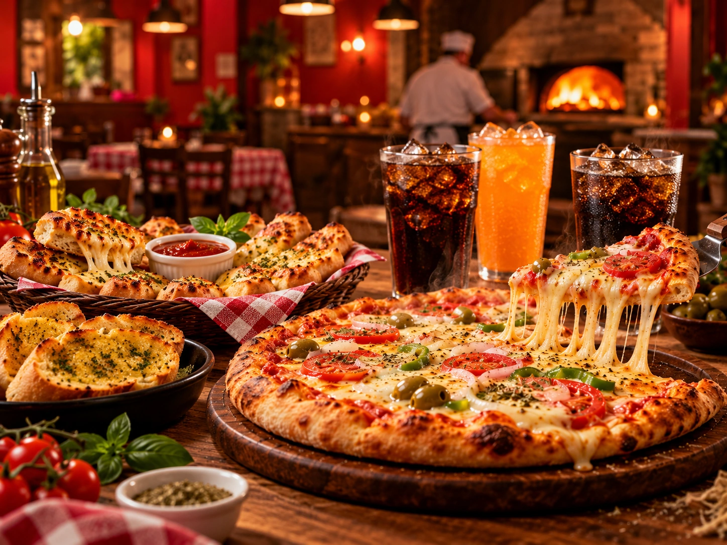 Mesa com pizza, bebidas e acompanhamentos