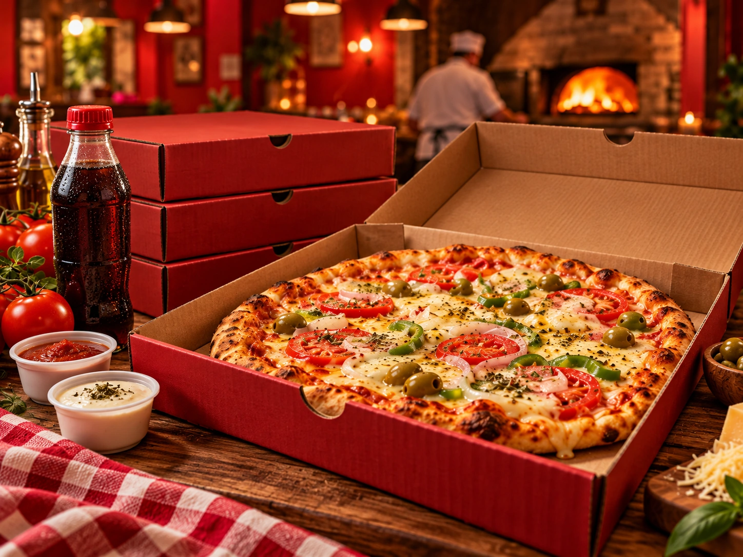 Pizza pronta para entrega em caixas