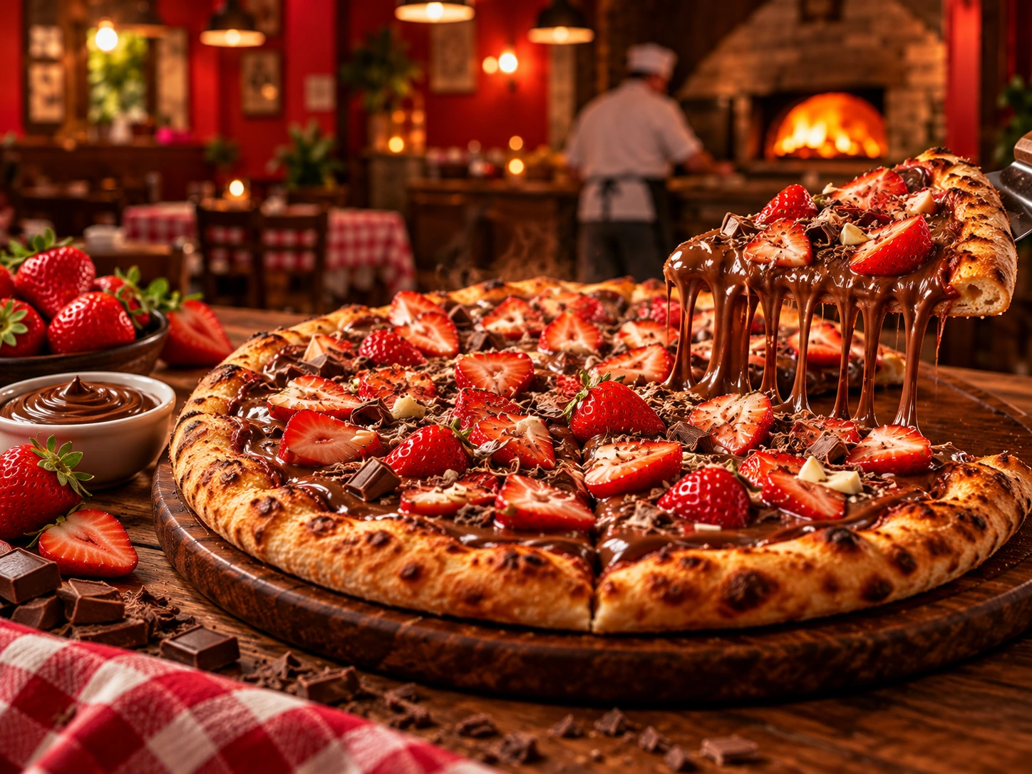 Pizza doce com chocolate e morangos