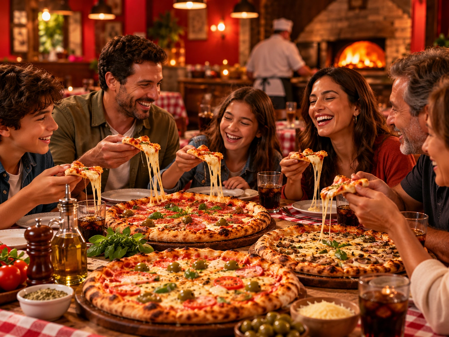Família reunida comendo pizza