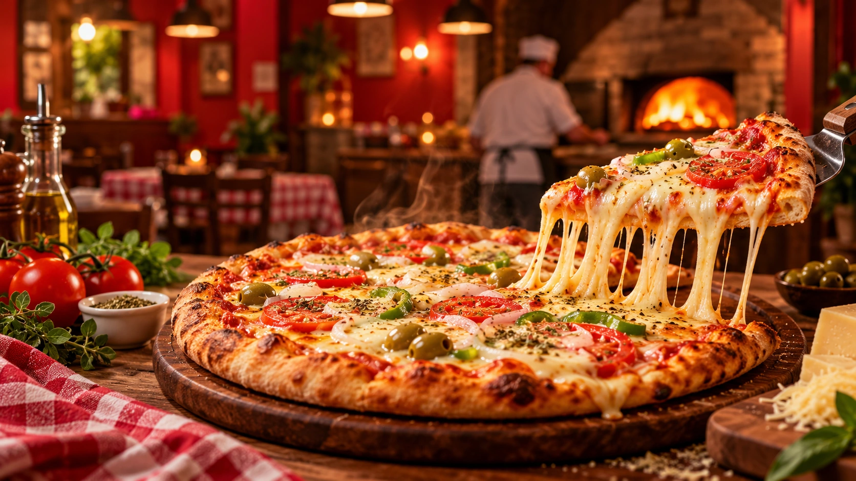 Pizza com queijo derretido em ambiente acolhedor